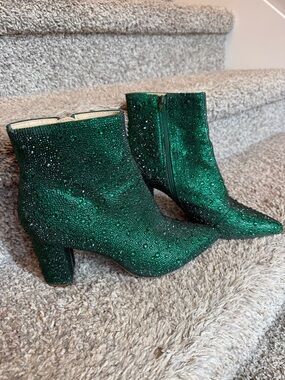 Betsey Johnson Green Glitter Crystal Ankle Boots